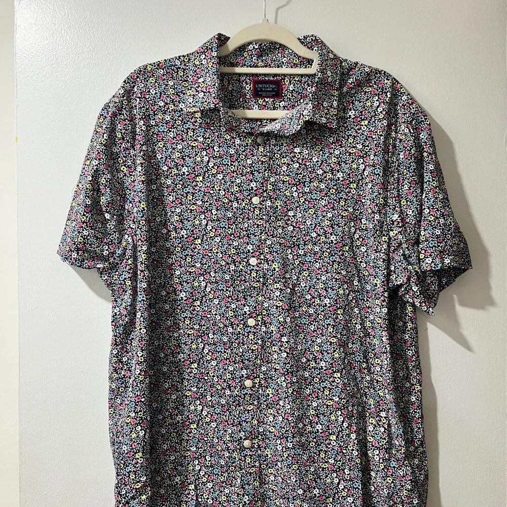 🌿 UNTUCKit Garganega Men's Navy Floral Short Sleeve Button-Up Shirt - XL - Picture 2 of 9